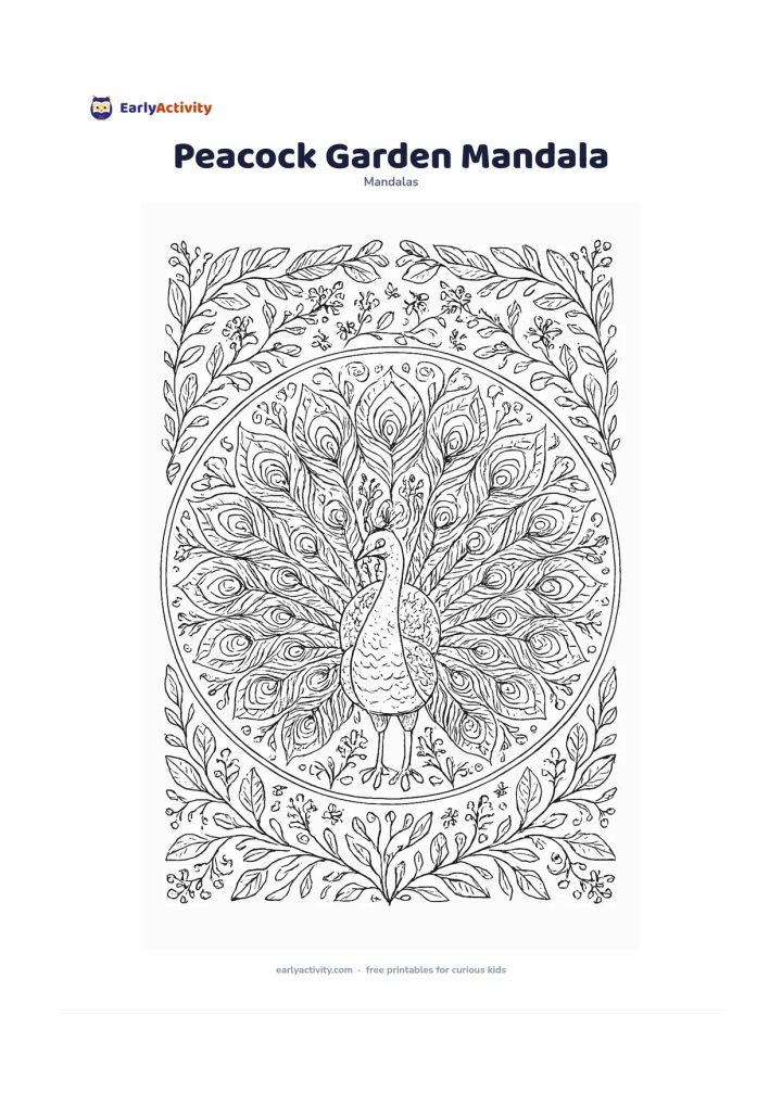 Colouring page: Draw a peacock standing at the centre of a circular mandala with its tail fanned into repeating feather sections. Surround it with garden leaves, tiny flowers, curved vines, and a…