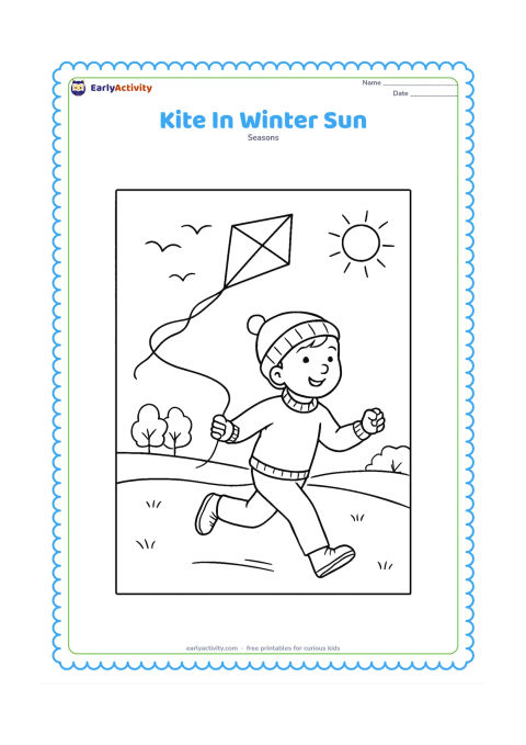 Colouring page: A child wearing a sweater and cap runs across an open field while flying a simple diamond kite. Add a low winter sun, distant trees and a few birds in the sky.