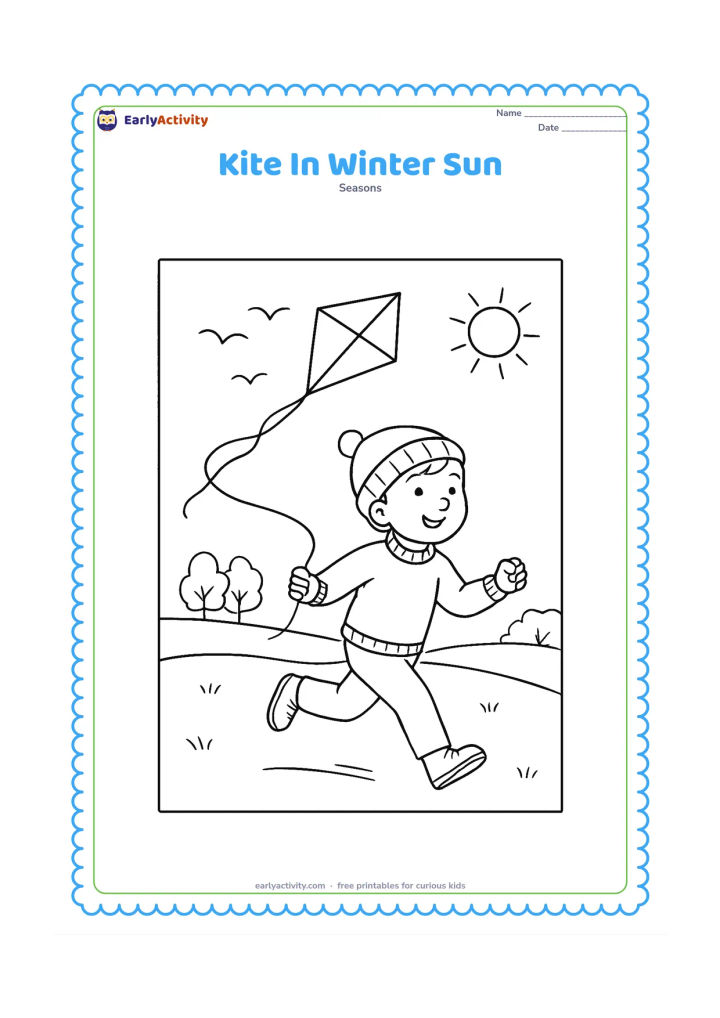 Colouring page: A child wearing a sweater and cap runs across an open field while flying a simple diamond kite. Add a low winter sun, distant trees and a few birds in the sky.