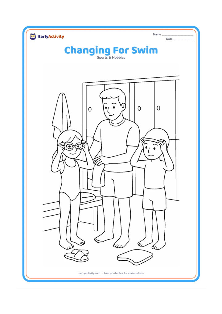 Colouring page: Two children prepare beside a pool before swimming: one adjusts goggles and the other puts a swimming cap on, while an adult checks their gear. Show lockers without labels, benches,…