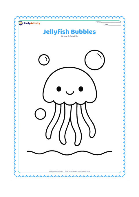Colouring page: Draw one large jellyfish rising through three oversized bubbles, with a clear rounded bell and four smooth tentacles. Add only a simple wavy sea line near the bottom.