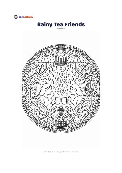 Colouring page: Draw a circular mandala with two steaming tea cups at the centre, surrounded by raindrops, umbrellas, window-like arches, biscuits and curling steam patterns. Include two friends sitting…
