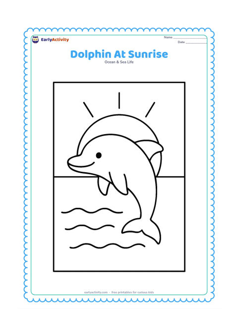Colouring page: Draw one dolphin rising from the sea beneath a large half-sun on the horizon, with three simple rays and gentle waves. The dolphin should be the largest shape on the page.