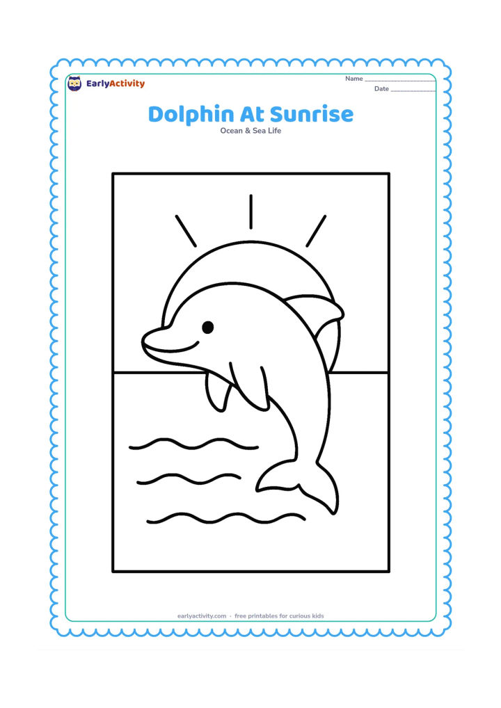 Colouring page: Draw one dolphin rising from the sea beneath a large half-sun on the horizon, with three simple rays and gentle waves. The dolphin should be the largest shape on the page.