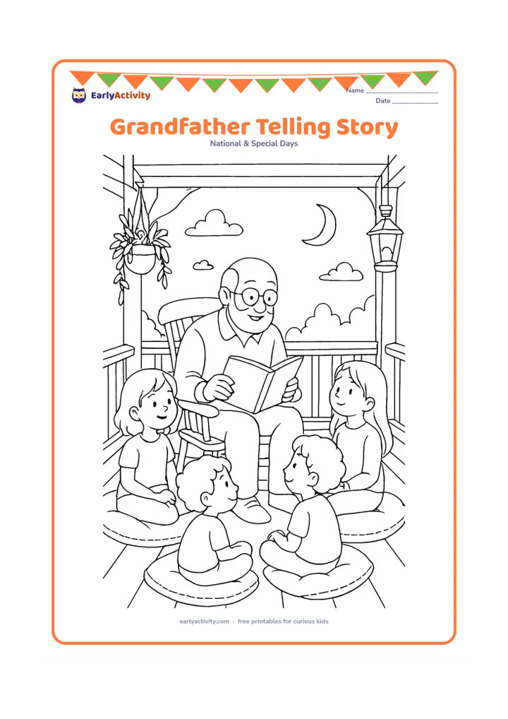 Colouring page: A grandfather tells a story to several children on a veranda at evening, holding an open blank book; include floor cushions, hanging plants, a lantern and a twilight sky.