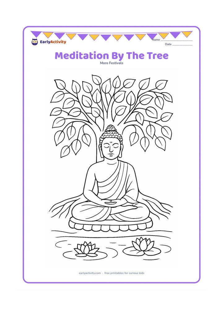 Colouring page: A seated Buddha meditates beneath a detailed Bodhi tree with spreading roots, hanging leaves and a cushion. Add a small pond with two lotus flowers in the foreground.