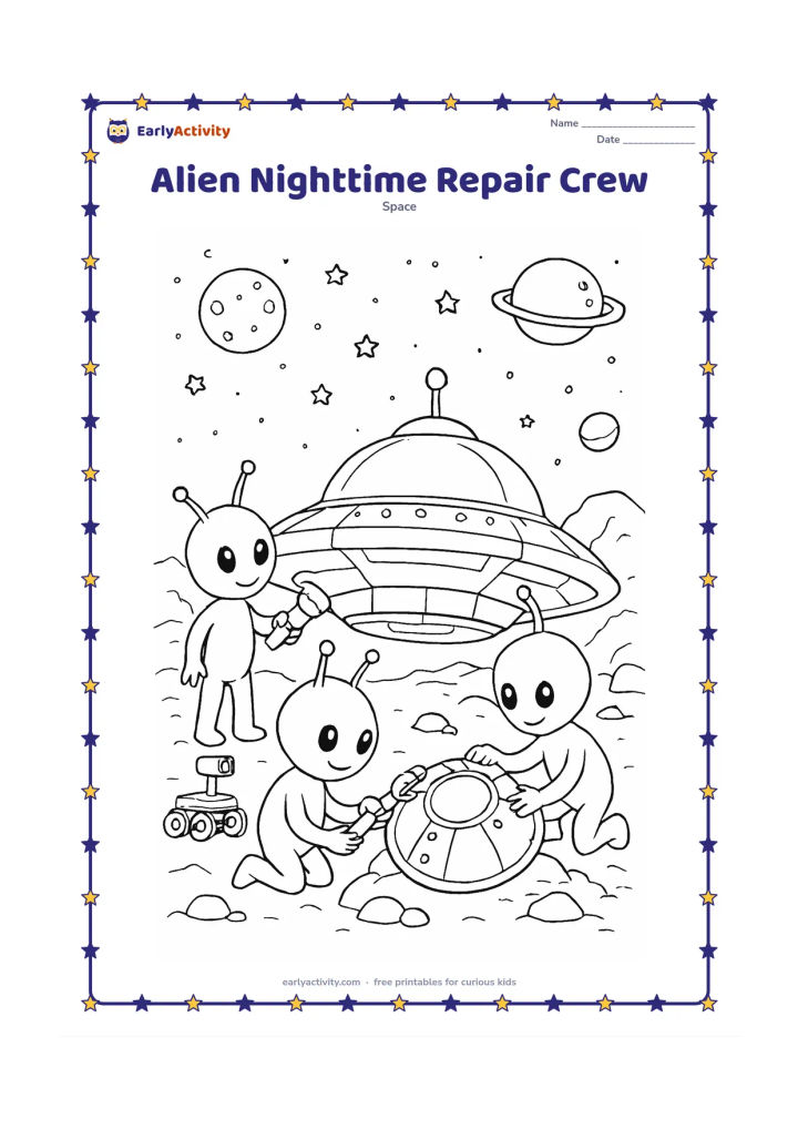 Colouring page: Draw three friendly aliens repairing a landed flying saucer under a starry night sky, with one using a flashlight, one holding a tool, and one checking a round panel. Add a rocky landing…