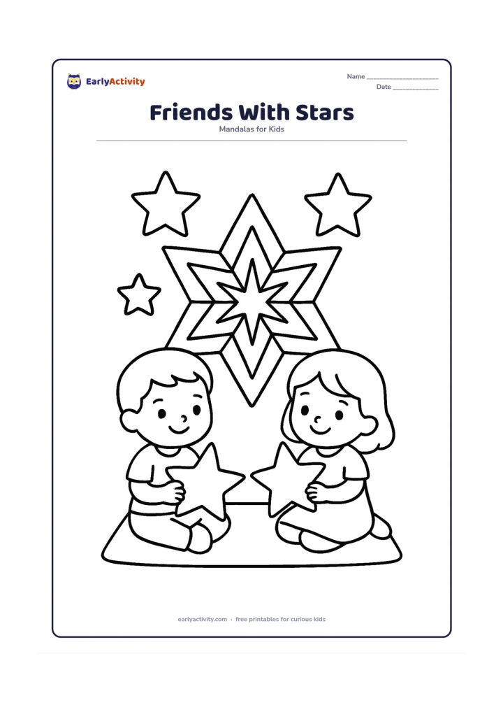 Colouring page: Show two cheerful children sitting on either side of a large, broad-section star mandala, each holding a plain five-point star cutout. Add a simple mat and three large floating star shapes.