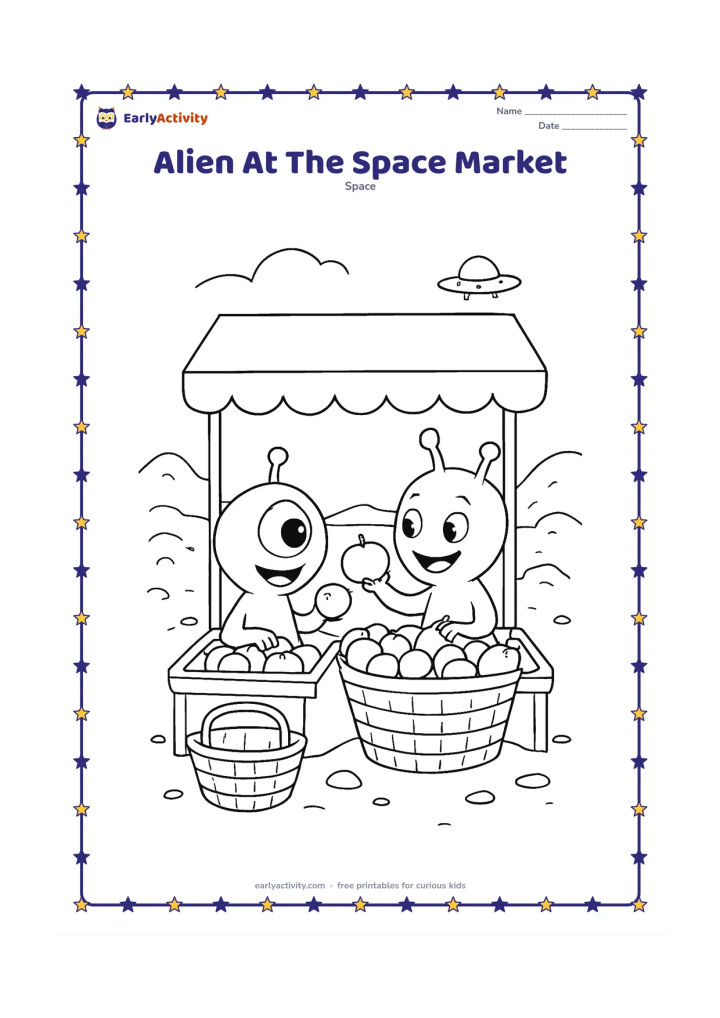 Colouring page: Draw two cheerful aliens choosing round fruit and vegetables at a small open-air space market stall on a rocky planet. Add baskets, a blank hanging canopy, a tiny saucer, and distant hills.