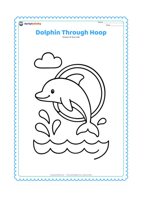 Colouring page: Draw one dolphin jumping through a large floating hoop above a small wave, with a few big splash shapes and a simple cloud. Keep the hoop and dolphin clearly separated.