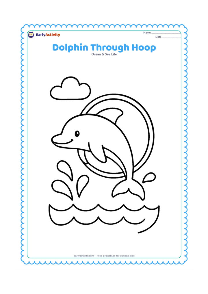 Colouring page: Draw one dolphin jumping through a large floating hoop above a small wave, with a few big splash shapes and a simple cloud. Keep the hoop and dolphin clearly separated.