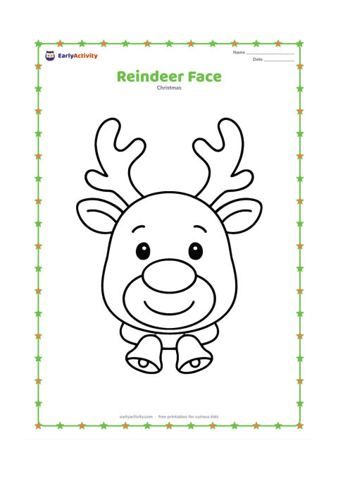 Colouring page: Draw a friendly reindeer face with large antlers, round eyes, a big nose and two simple bells near the neck.