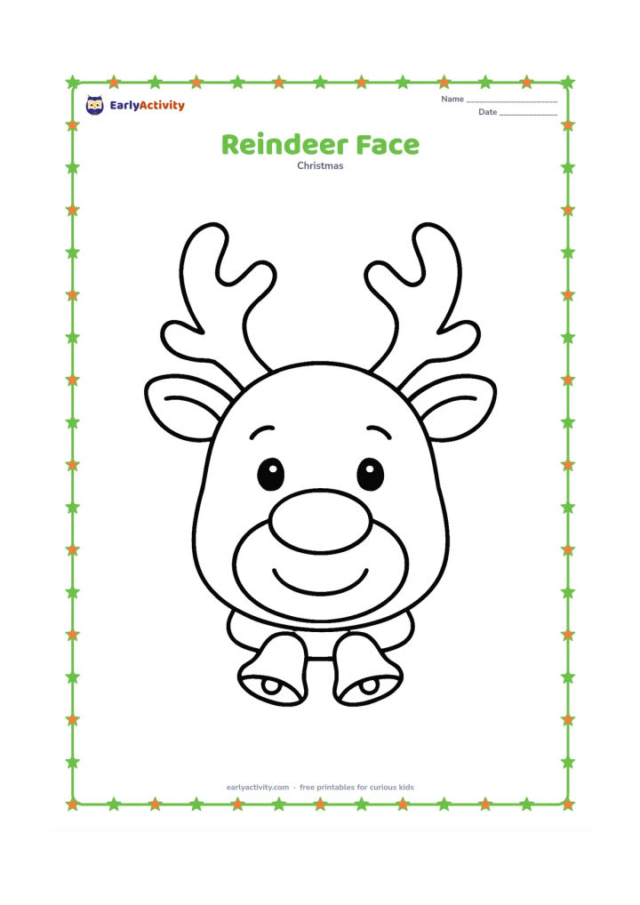 Colouring page: Draw a friendly reindeer face with large antlers, round eyes, a big nose and two simple bells near the neck.