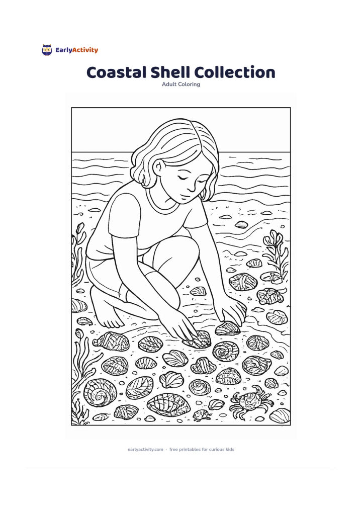 Colouring page: A person crouching at the shoreline and examining shells in a shallow beach pool. Surround them with varied shells, seaweed, smooth stones, tiny crabs, foam curves and a calm horizon.