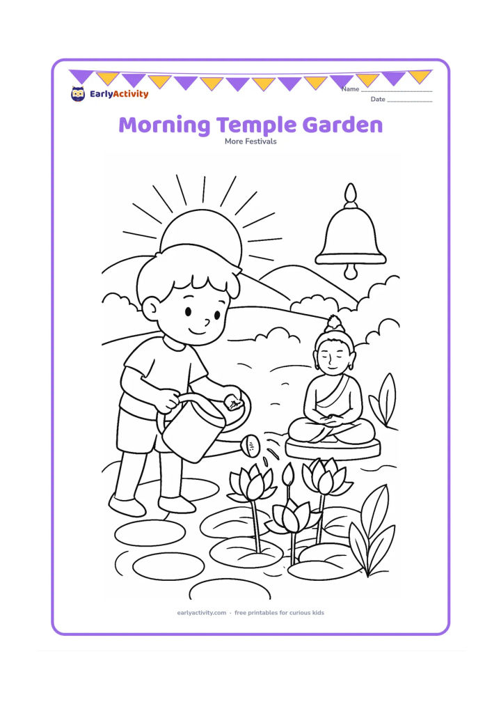 Colouring page: In an early morning garden, a child waters lotus plants near a small Buddha statue and a temple bell shape with no markings. Include curved stepping stones, leaves and a rising sun.