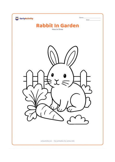 Worksheet: Show a rabbit sitting among broad vegetable leaves, with a carrot near its front paws and a low garden fence behind it. Include the rabbit's eyes, nose, whiskers, ears, paws and tail.