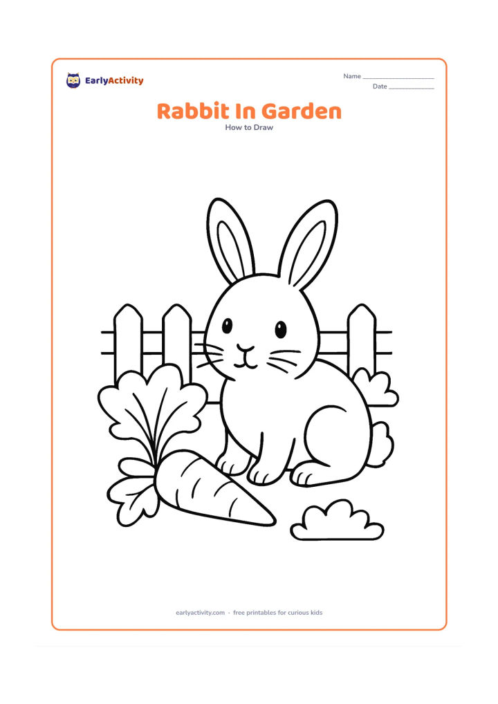 Worksheet: Show a rabbit sitting among broad vegetable leaves, with a carrot near its front paws and a low garden fence behind it. Include the rabbit's eyes, nose, whiskers, ears, paws and tail.