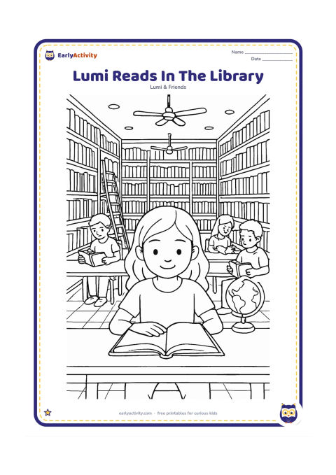 Colouring page: Lumi sits at a long library table reading an open book while classmates read in the background. Fill the room with tall shelves, a rolling book ladder, a globe, ceiling fans and…