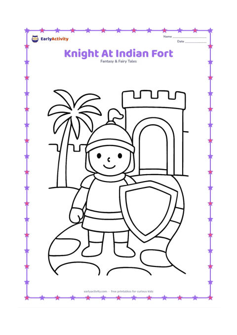 Colouring page: A friendly knight stands outside a simple Indian hill fort with an arched gateway, nearby palm leaves, and a broad stone path. The knight holds a shield with a plain border.