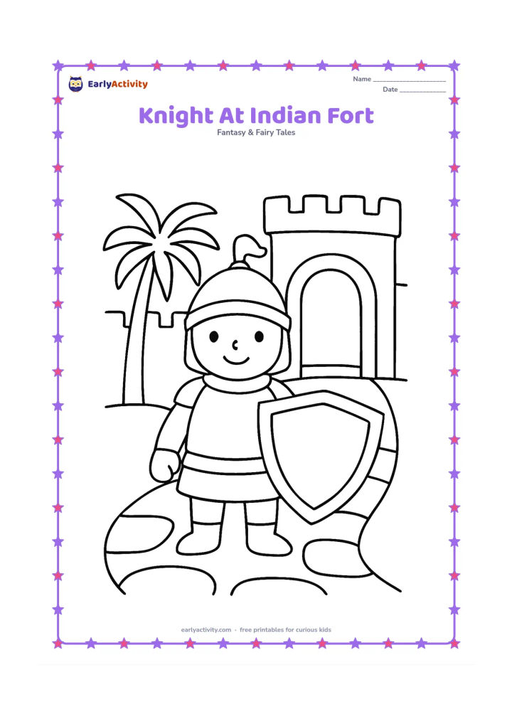 Colouring page: A friendly knight stands outside a simple Indian hill fort with an arched gateway, nearby palm leaves, and a broad stone path. The knight holds a shield with a plain border.