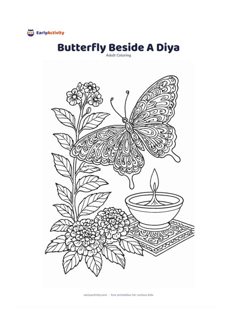 Colouring page: Place a butterfly on a flowering plant beside an unlit decorative clay diya, with marigold petals, leaves, and a small patterned cloth beneath the objects. Give the butterfly intricate…