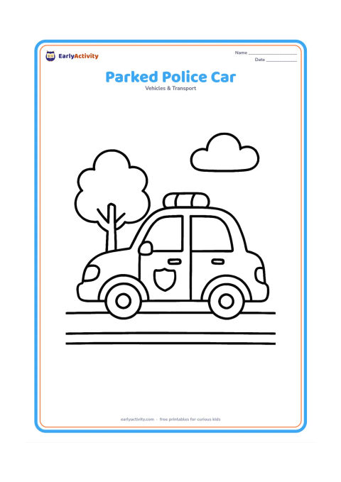 Colouring page: Draw a police car parked beside a simple kerb, shown from the side with large windows, wheels and roof lights. Add one small parking-area tree and a curved cloud.
