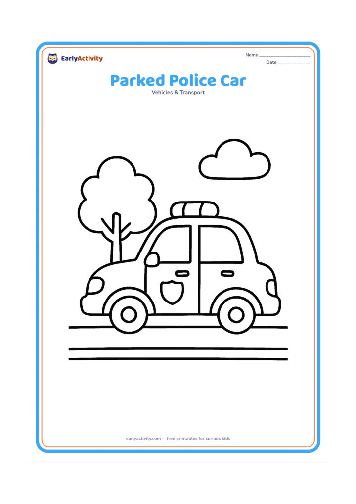 Colouring page: Draw a police car parked beside a simple kerb, shown from the side with large windows, wheels and roof lights. Add one small parking-area tree and a curved cloud.