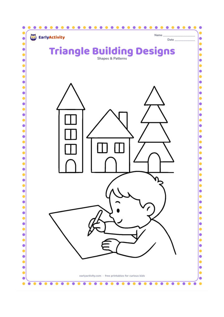 Colouring page: Show a row of imaginative buildings with triangle-based façades: a tall tower with equal-sided window shapes, a wide-roof home, and a building with layered triangles. Add a child…