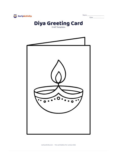 Worksheet: A large diya is centered on the front of a blank folded-card outline, with a flame, a decorative rim, and an empty area above and around it for children to add their own message.