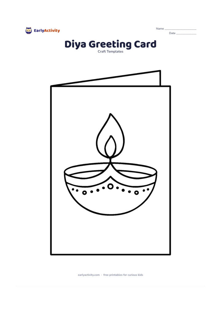 Worksheet: A large diya is centered on the front of a blank folded-card outline, with a flame, a decorative rim, and an empty area above and around it for children to add their own message.