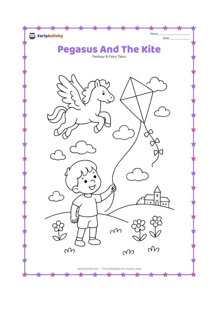 Colouring page: Draw a pegasus flying beside a child-sized plain diamond kite, with a long curved string held by a friendly child on a hill below. Add clouds, flowers and a distant village without any…