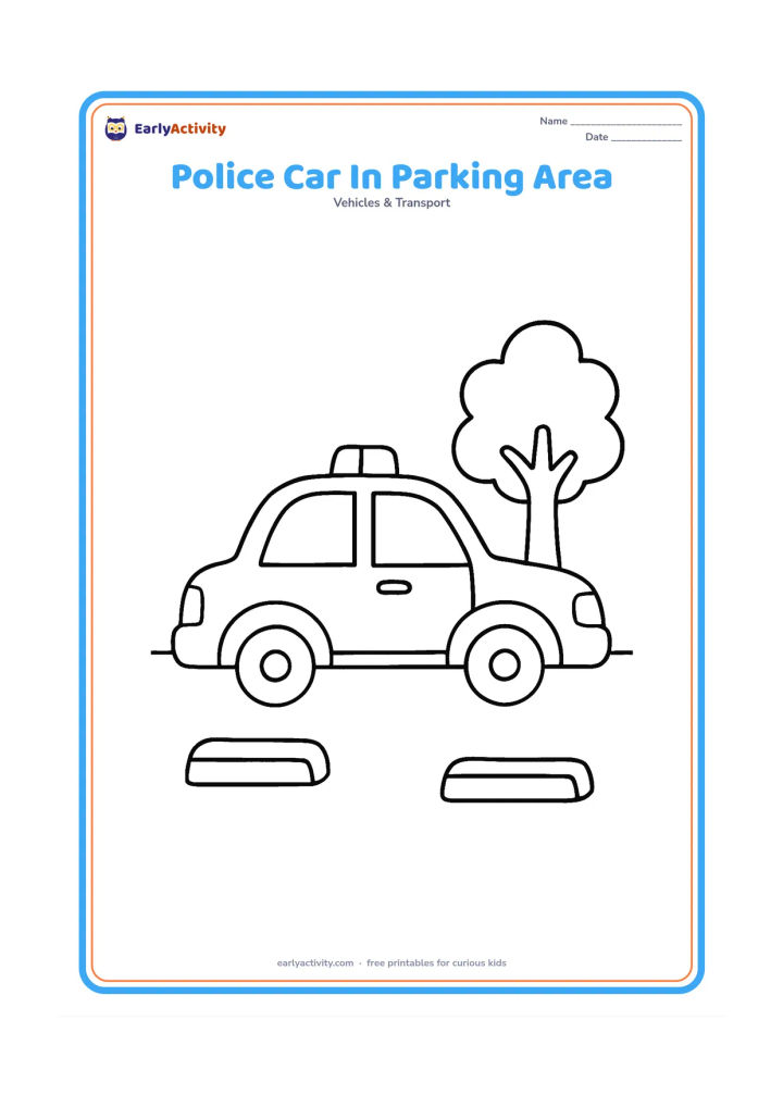 Colouring page: Draw a police car parked in a wide open parking area, shown from the side with large wheels, windows and roof lights. Add two simple kerb blocks and a tree, with no markings or writing…
