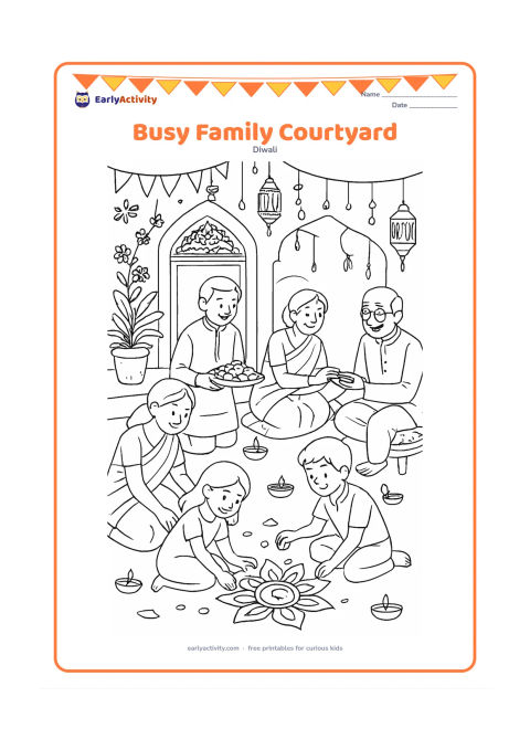 Colouring page: Draw an extended family celebrating in an Indian courtyard, with adults arranging diyas, children making a rangoli, and relatives sharing a sweets tray. Include a decorated doorway,…