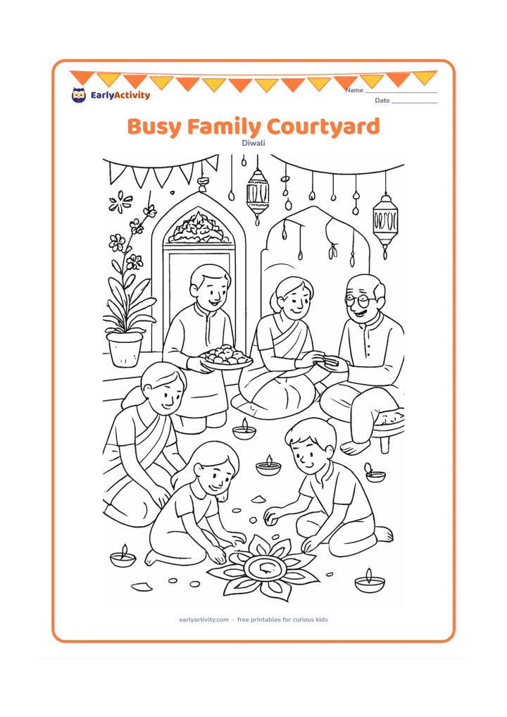 Colouring page: Draw an extended family celebrating in an Indian courtyard, with adults arranging diyas, children making a rangoli, and relatives sharing a sweets tray. Include a decorated doorway,…