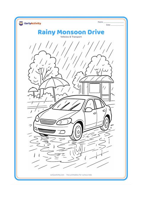 Colouring page: Draw a car driving through an Indian monsoon street, viewed from the front three-quarter angle, with windshield wipers, reflections in puddles, large umbrellas, leafy trees and a covered…