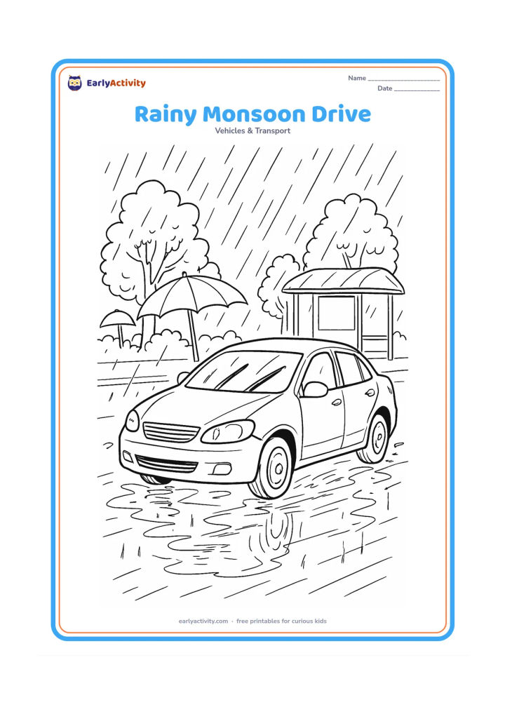 Colouring page: Draw a car driving through an Indian monsoon street, viewed from the front three-quarter angle, with windshield wipers, reflections in puddles, large umbrellas, leafy trees and a covered…