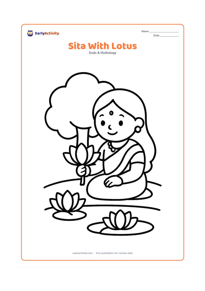 Colouring page: Sita sits beside a pond holding one large lotus flower, with two more flowers floating on the water and a rounded tree behind her.