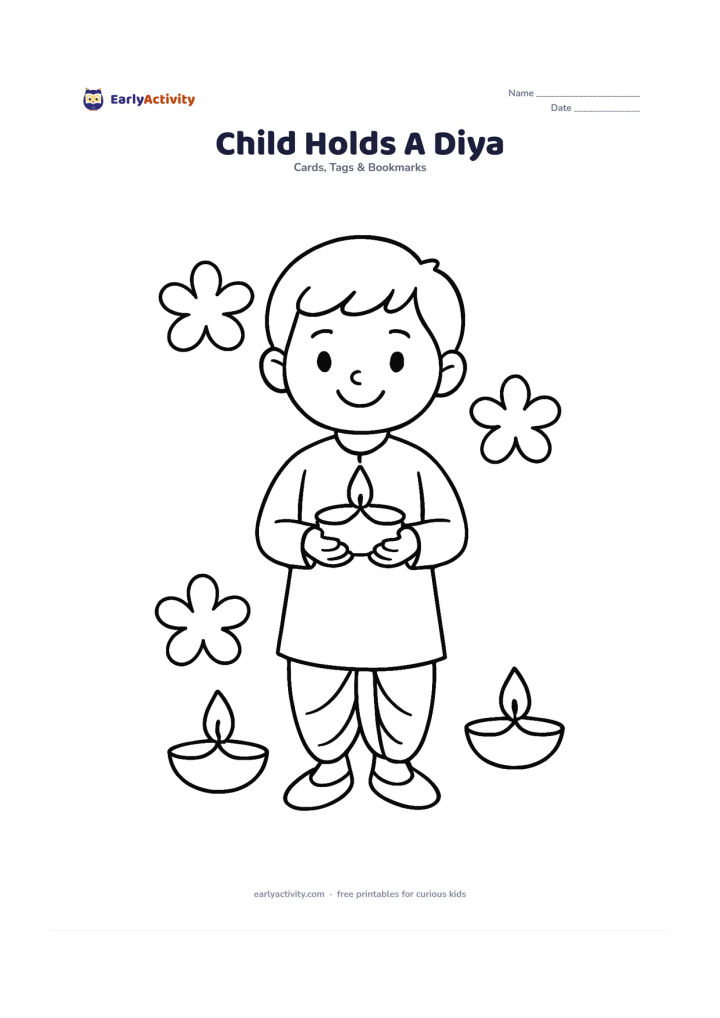 Worksheet: Draw a smiling child standing and holding a diya with both hands, wearing simple traditional clothing. Place two floor diyas and a few large flower shapes nearby, with open space around…