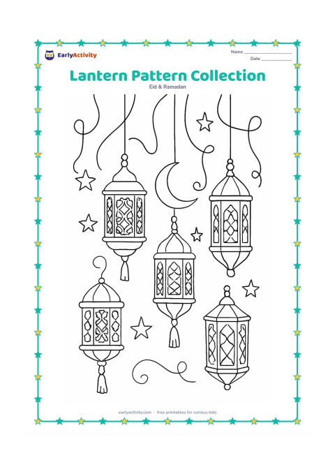 Colouring page: Draw a balanced arrangement of five different Ramadan lanterns hanging at varied heights, each with distinct geometric cutout patterns. Add a crescent moon, stars, tassels, and curling…