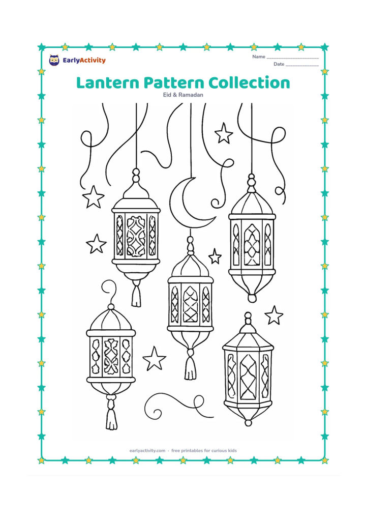 Colouring page: Draw a balanced arrangement of five different Ramadan lanterns hanging at varied heights, each with distinct geometric cutout patterns. Add a crescent moon, stars, tassels, and curling…