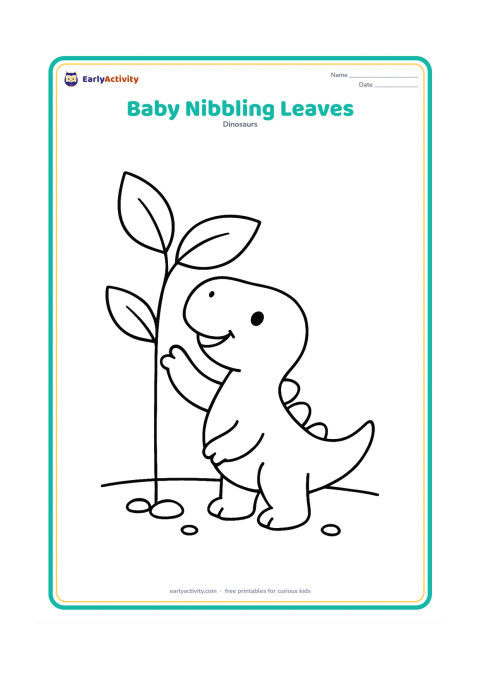 Colouring page: Draw a smiling baby plant-eating dinosaur reaching up to nibble two low, oversized leaves. Include a short stem, a few pebbles and plenty of open ground.