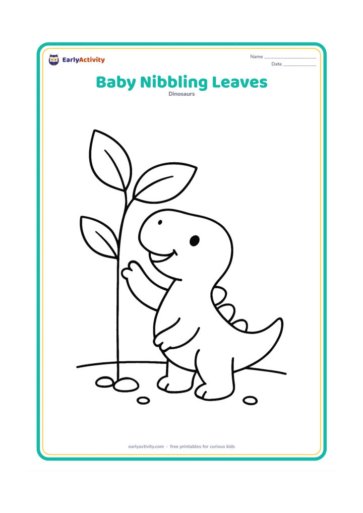 Colouring page: Draw a smiling baby plant-eating dinosaur reaching up to nibble two low, oversized leaves. Include a short stem, a few pebbles and plenty of open ground.