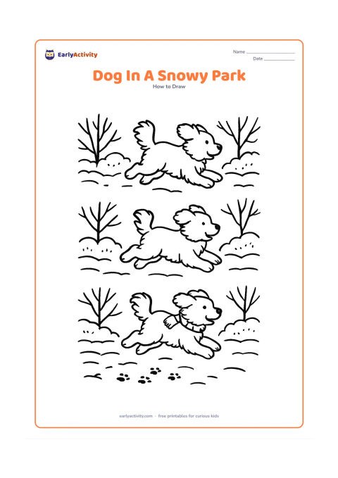 Worksheet: Show blank, unlabeled stages for a fluffy dog bounding through snow, with a scarf, snow-covered bushes, bare trees and paw prints. Add layered fur, an upturned tail and a playful…