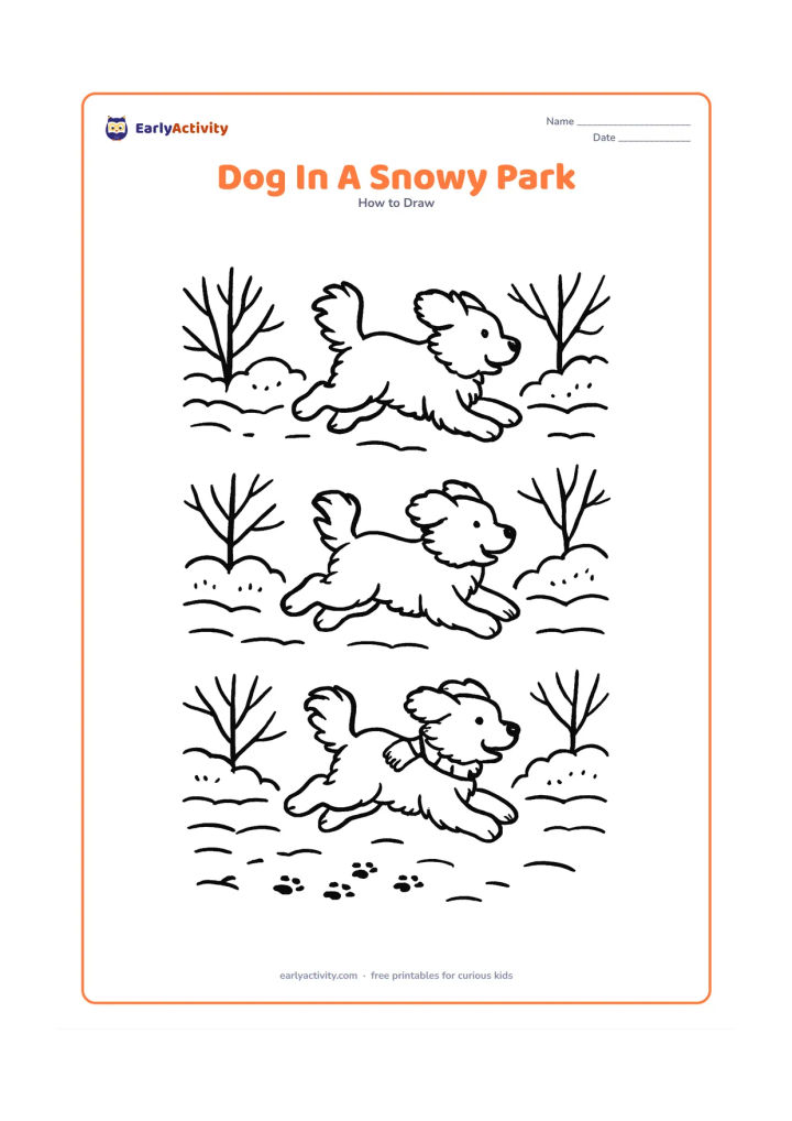 Worksheet: Show blank, unlabeled stages for a fluffy dog bounding through snow, with a scarf, snow-covered bushes, bare trees and paw prints. Add layered fur, an upturned tail and a playful…