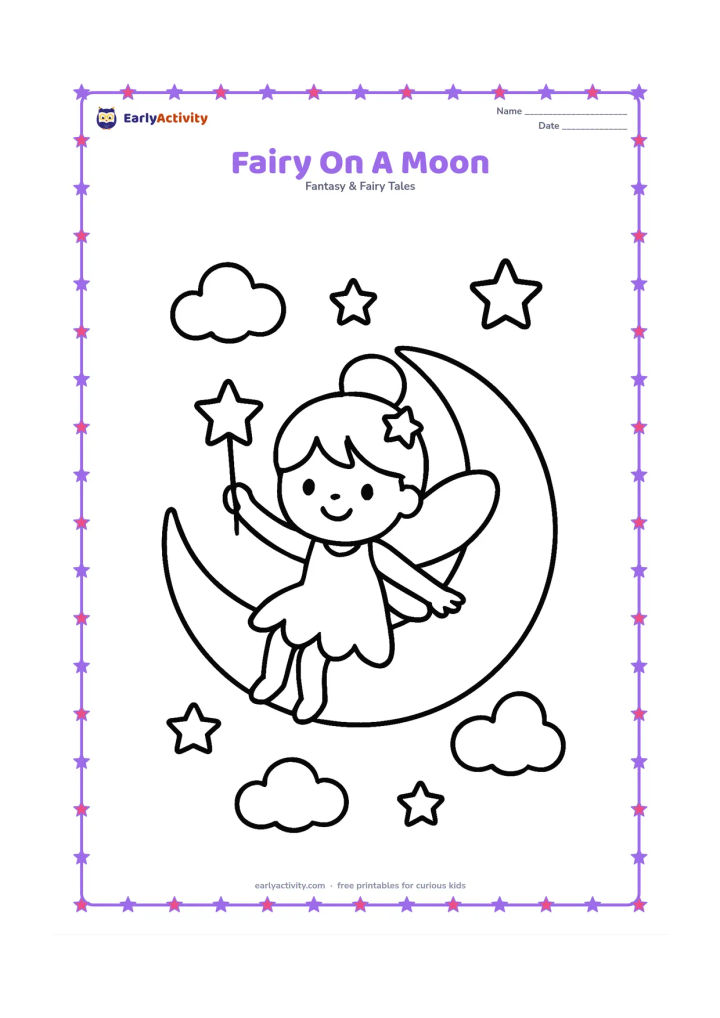 Colouring page: A cheerful fairy sits on a large crescent moon while holding one small star-shaped wand. Add three round clouds and a few large stars around the moon.