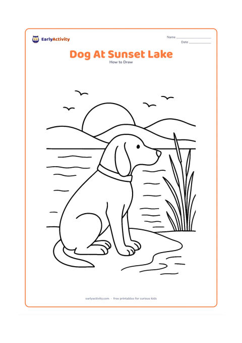 Worksheet: Show blank, unlabeled stages for a dog sitting in profile beside a lake at sunset, adding reflected hills, reeds, a few birds and ripples in the water. Include a plain collar, long ears…