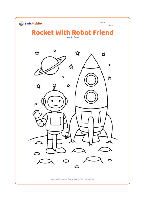 Worksheet: A friendly non-character robot stands beside a parked rocket on a small moon surface, with the rocket showing fins, windows, panels and landing legs. Add craters, a distant planet and…