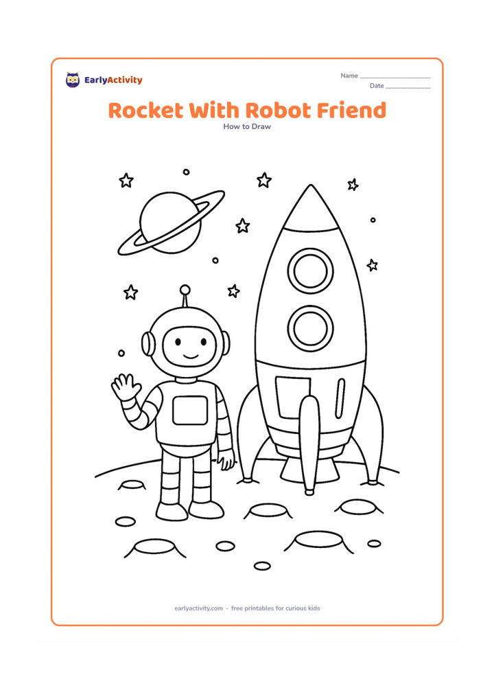 Worksheet: A friendly non-character robot stands beside a parked rocket on a small moon surface, with the rocket showing fins, windows, panels and landing legs. Add craters, a distant planet and…