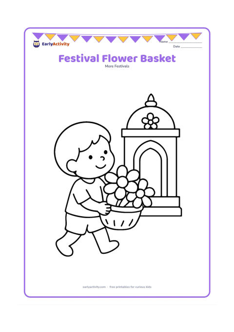 Colouring page: Draw a child carrying a basket filled with large flowers toward a small decorated Jain temple doorway, with two simple steps.
