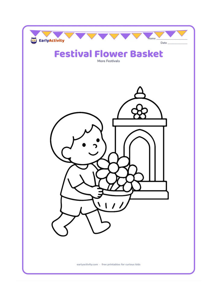Colouring page: Draw a child carrying a basket filled with large flowers toward a small decorated Jain temple doorway, with two simple steps.